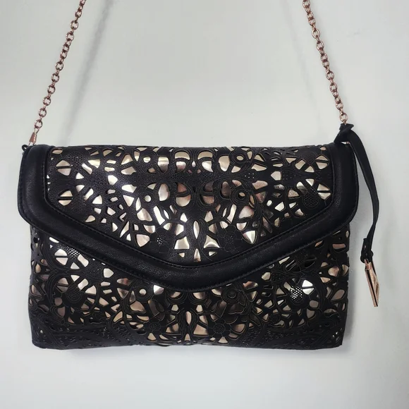 Attitude Envelope Clutch Black & Rose Gold Chain Strap - Picture 15 of 16